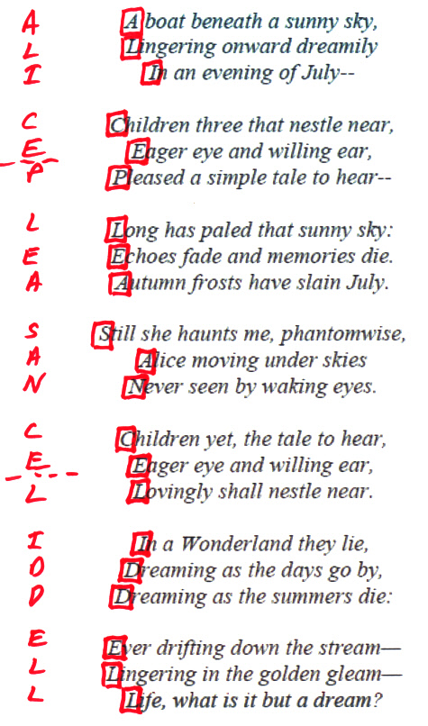 acrostic showijng name of real alice by lewis carroll in 'Alice's Adventures in Wonderland'